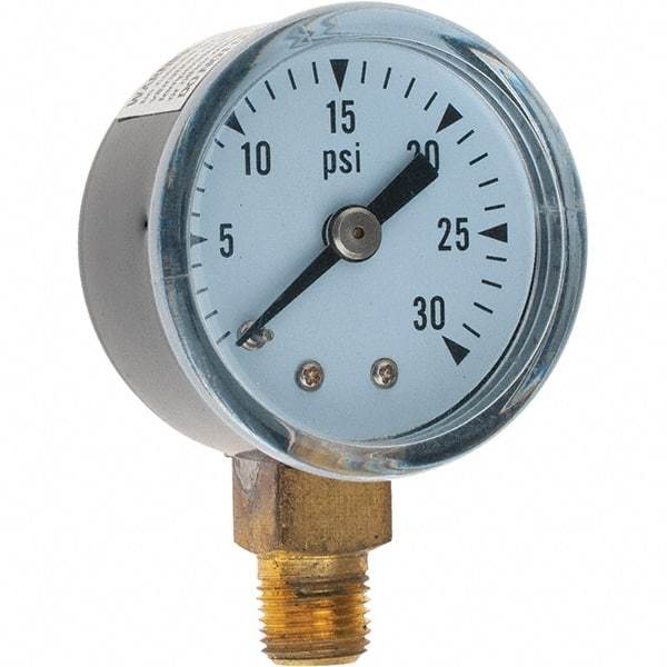 Value Collection - 1-1/2" Dial, 1/8 Thread, 0-30 Scale Range, Pressure Gauge - Lower Connection Mount - Apex Tool & Supply