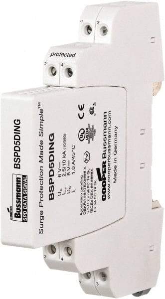 Cooper Bussmann - 4 Pole, 1 Phase, 90mm Long x 12mm Wide x 71.99mm Deep, Hardwired Surge Protector - DIN Rail Mount, 24 V, 23.30 VAC, 33 VDC Operating Voltage, 20 kA Surge Protection - Apex Tool & Supply