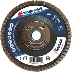 Weiler - 80 Grit, 4-1/2" Disc Diam, 5/8-11 Center Hole, Type 27 Zirconia Alumina Flap Disc - 13,000 Max RPM, Phenolic Backing, Arbor Attaching System, Coated - Apex Tool & Supply