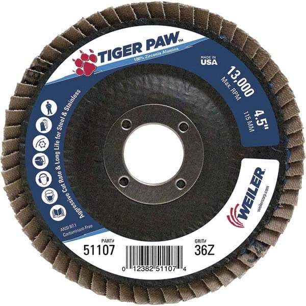 Weiler - 36 Grit, 4-1/2" Disc Diam, 7/8" Center Hole, Type 27 Zirconia Alumina Flap Disc - 13,000 Max RPM, Phenolic Backing, Arbor Attaching System, Coated - Apex Tool & Supply