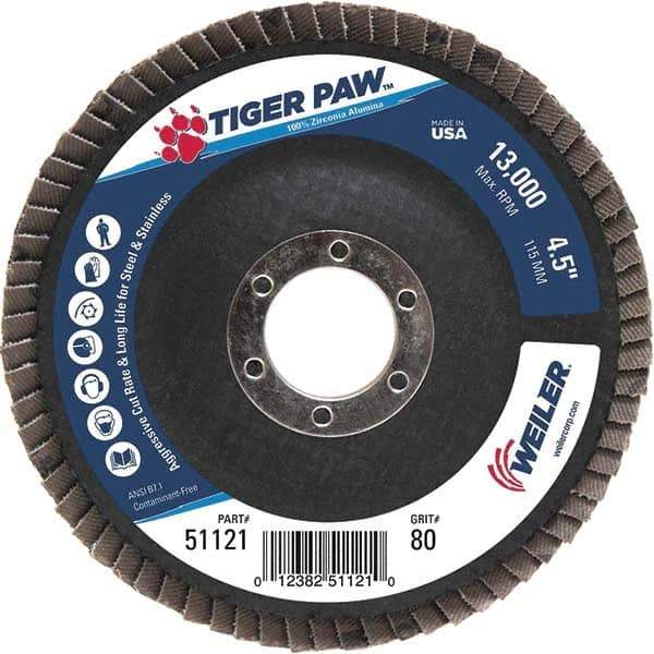 Weiler - 80 Grit, 4-1/2" Disc Diam, 7/8" Center Hole, Type 29 Zirconia Alumina Flap Disc - 13,000 Max RPM, Phenolic Backing, Arbor Attaching System, Coated - Apex Tool & Supply