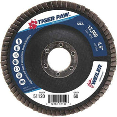 Weiler - 60 Grit, 4-1/2" Disc Diam, 7/8" Center Hole, Type 29 Zirconia Alumina Flap Disc - 13,000 Max RPM, Phenolic Backing, Arbor Attaching System, Coated - Apex Tool & Supply