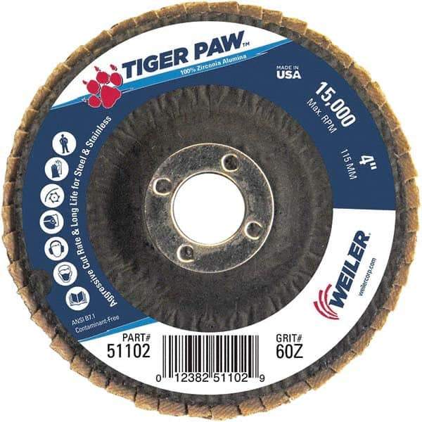 Weiler - 60 Grit, 4" Disc Diam, 5/8" Center Hole, Type 27 Zirconia Alumina Flap Disc - 15,000 Max RPM, Phenolic Backing, Arbor Attaching System, Coated - Apex Tool & Supply