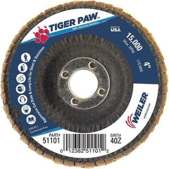 Weiler - 40 Grit, 4" Disc Diam, 5/8" Center Hole, Type 27 Zirconia Alumina Flap Disc - 15,000 Max RPM, Phenolic Backing, Arbor Attaching System, Coated - Apex Tool & Supply
