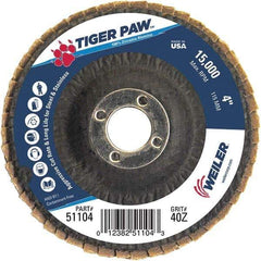 Weiler - 40 Grit, 4" Disc Diam, 5/8" Center Hole, Type 29 Zirconia Alumina Flap Disc - 15,000 Max RPM, Phenolic Backing, Arbor Attaching System, Coated - Apex Tool & Supply
