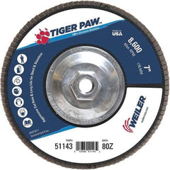 Weiler - 80 Grit, 7" Disc Diam, 5/8-11 Center Hole, Type 27 Zirconia Alumina Flap Disc - 8,600 Max RPM, Phenolic Backing, Arbor Attaching System, Coated - Apex Tool & Supply