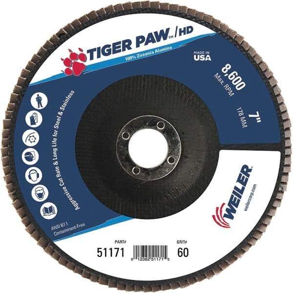 Weiler - 60 Grit, 7" Disc Diam, 7/8" Center Hole, Type 27 Zirconia Alumina Flap Disc - 8,600 Max RPM, Phenolic Backing, Arbor Attaching System, Coated - Apex Tool & Supply