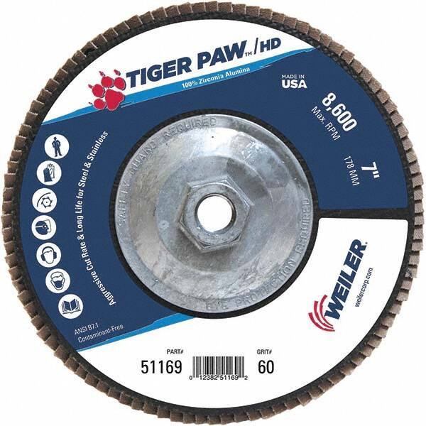 Weiler - 60 Grit, 7" Disc Diam, 5/8-11 Center Hole, Type 27 Zirconia Alumina Flap Disc - 8,600 Max RPM, Phenolic Backing, Arbor Attaching System, Coated - Apex Tool & Supply