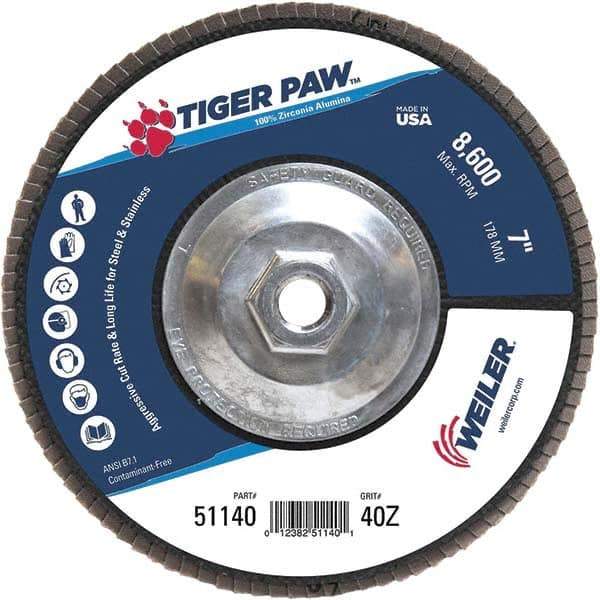 Weiler - 40 Grit, 7" Disc Diam, 5/8-11 Center Hole, Type 27 Zirconia Alumina Flap Disc - 8,600 Max RPM, Phenolic Backing, Arbor Attaching System, Coated - Apex Tool & Supply