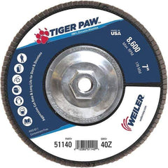 Weiler - 40 Grit, 7" Disc Diam, 5/8-11 Center Hole, Type 27 Zirconia Alumina Flap Disc - 8,600 Max RPM, Phenolic Backing, Arbor Attaching System, Coated - Apex Tool & Supply