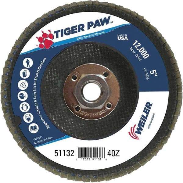 Weiler - 40 Grit, 5" Disc Diam, 5/8-11 Center Hole, Type 27 Zirconia Alumina Flap Disc - 12,000 Max RPM, Phenolic Backing, Arbor Attaching System, Coated - Apex Tool & Supply
