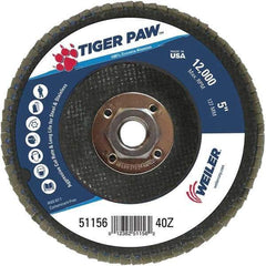 Weiler - 40 Grit, 5" Disc Diam, 5/8-11 Center Hole, Type 29 Zirconia Alumina Flap Disc - 12,000 Max RPM, Phenolic Backing, Arbor Attaching System, Coated - Apex Tool & Supply