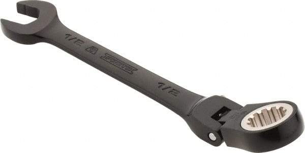 Proto - 1/2" 12 Point Flexhead Combination Wrench - 15° Offset Angle, 6" OAL, Steel, Black Chrome Finish - Apex Tool & Supply