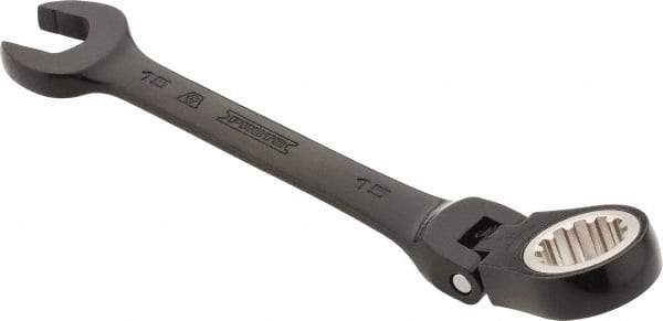 Proto - 15mm 12 Point Flexhead Combination Wrench - 15° Offset Angle, 6" OAL, Steel, Black Chrome Finish - Apex Tool & Supply