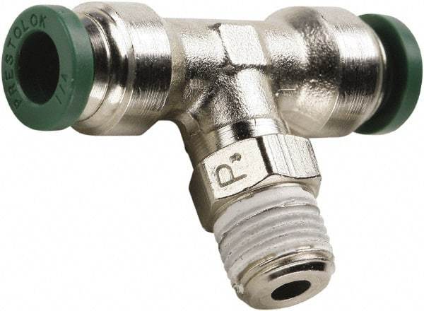 Parker - 3/8" Outside Diam, 1/2 NPT, Nickel Plated Brass Push-to-Connect Tube Male Swivel Branch Tee - 300 Max psi, Tube to Male NPT Connection, Buna-N O-Ring - Apex Tool & Supply