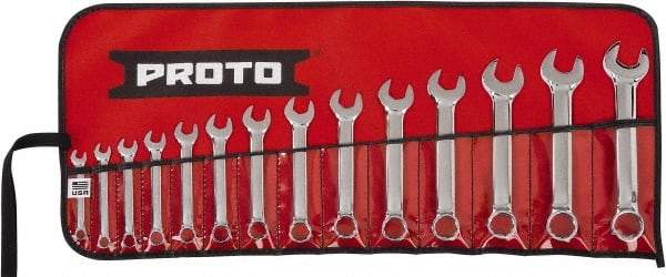 Proto - 14 Piece, 6mm to 19mm, 12 Point Extra Short Combination Wrench Set - Metric Measurement Standard, Full Polish Chrome Finish, Comes in Tool Roll - Apex Tool & Supply