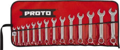 Proto - 14 Piece, 6mm to 19mm, 12 Point Extra Short Combination Wrench Set - Metric Measurement Standard, Full Polish Chrome Finish, Comes in Tool Roll - Apex Tool & Supply