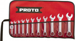 Proto - 11 Piece, 1/4" to 3/4", 12 Point Extra Short Combination Wrench Set - Inch Measurement Standard, Full Polish Chrome Finish, Comes in Tool Roll - Apex Tool & Supply