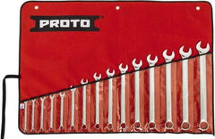 Proto - 15 Piece, 1/4" to 1", 12 Point Spline Combination Wrench Set - Inch Measurement Standard, Full Polish Chrome Finish, Comes in Tool Roll - Apex Tool & Supply