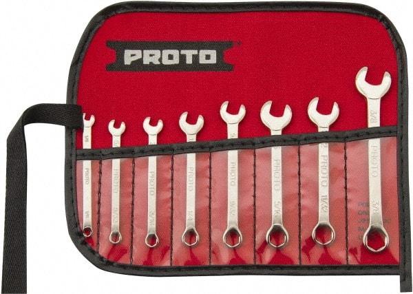 Proto - 8 Piece, 1/8" to 3/8", 6 Point Extra Short Combination Wrench Set - Inch Measurement Standard, Full Polish Finish, Comes in Nylon Roll - Apex Tool & Supply