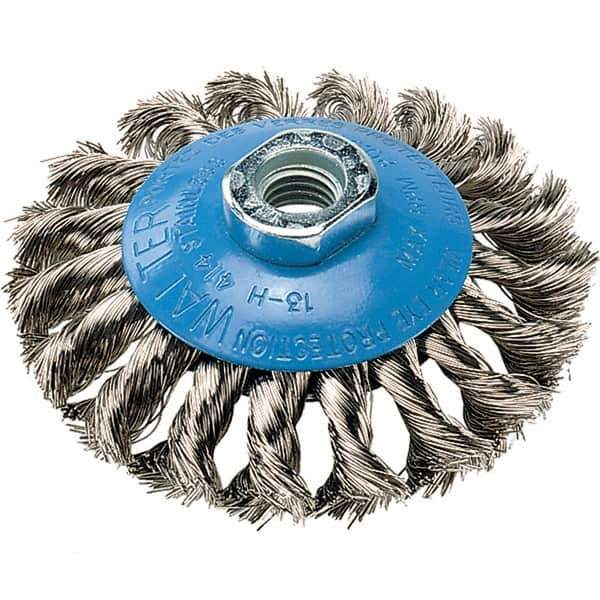 WALTER Surface Technologies - 4" Diam, 5/8-11 Threaded Arbor, Stainless Steel Fill Cup Brush - 0.015 Wire Diam, 20,000 Max RPM - Apex Tool & Supply