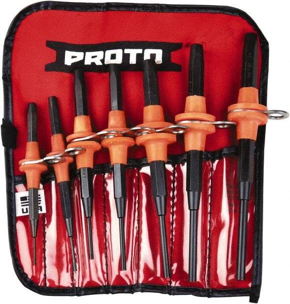 Proto - 7 Piece, 1/16 to 1/4", Tethered Pin Punch Set - Straight Shank, Comes in Nylon Roll - Apex Tool & Supply