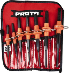 Proto - 7 Piece, 1/16 to 1/4", Tethered Pin Punch Set - Straight Shank, Comes in Nylon Roll - Apex Tool & Supply