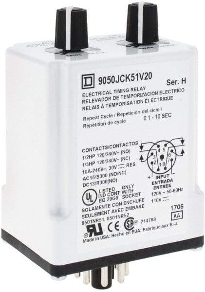 Square D - DPDT Time Delay Relay - 10 Contact Amp, 110 VDC & 120 VAC - Apex Tool & Supply