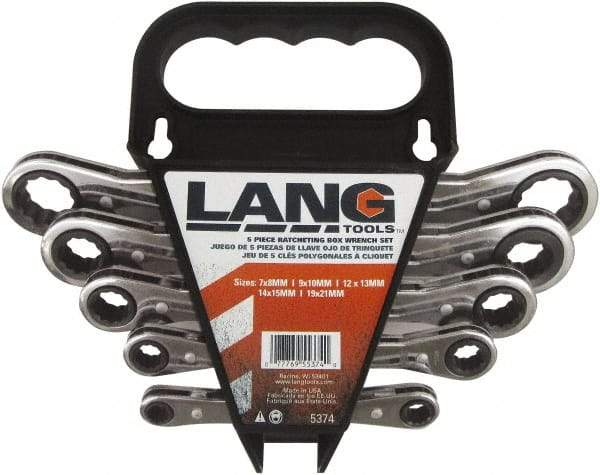 Lang - 5 Piece, 7mm to 21mm, 12 Point Ratcheting Box Wrench Set - Metric Measurement Standard, Nickel Chrome Finish, Comes in Caddy - Apex Tool & Supply