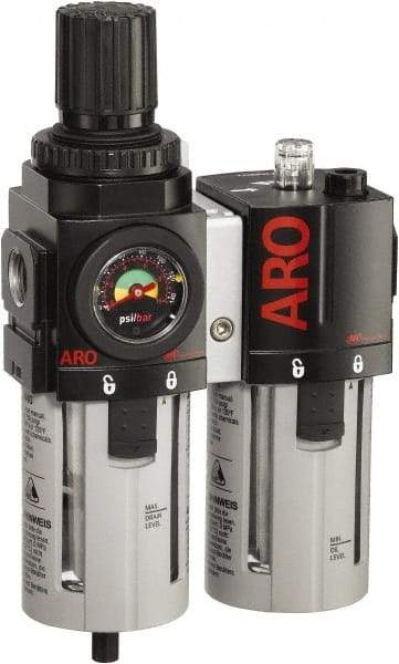 ARO/Ingersoll-Rand - 3/8" NPT Port Standard 2 Piece Filter/Regulator-Lubricator FRL Unit - Polycarbonate Bowl, 96 SCFM, 150 Max psi, 9.95" High x 5.724" Long, Manual Drain - Apex Tool & Supply