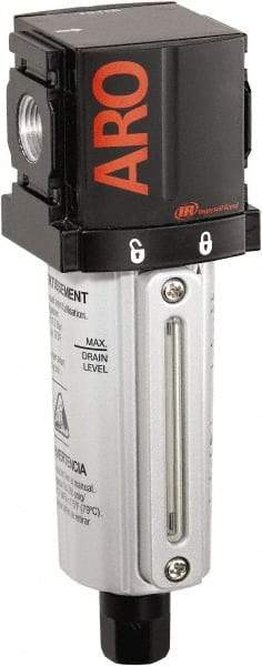 ARO/Ingersoll-Rand - 3/8" Port, 7.028" High x 2.244" Wide Compact Filter with Metal Bowl, Automatic Drain - 107 SCFM, 250 Max psi, 175°F Max Temp, Sight Glass Included, Modular Connection, 1 oz Bowl Capacity - Apex Tool & Supply