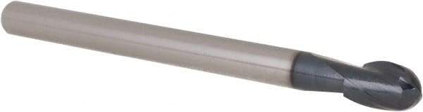 Accupro - 3/8" Diam, 9/16" LOC, 2 Flute Solid Carbide Ball End Mill - AlTiN Finish, Single End, 4" OAL, 5/16" Shank Diam, Spiral Flute - Apex Tool & Supply
