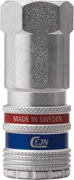 CEJN - 3/8 Female NPT Industrial Pneumatic Hose Safety Coupler - Steel/Brass, 1/4" Body Diam, 3/8" Hose ID - Apex Tool & Supply