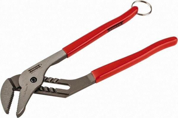 Proto - 12" OAL, 2-1/2" Jaw Width, 7 Position Tethered Tongue & Groove Pliers - V-Jaws, Vinyl Handles - Apex Tool & Supply
