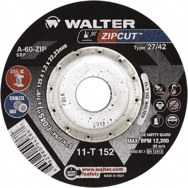 WALTER Surface Technologies - 60 Grit, 4-1/2" Wheel Diam, 3/64" Wheel Thickness, 7/8" Arbor Hole, Type 27 Depressed Center Wheel - Aluminum Oxide, Resinoid Bond, 13,300 Max RPM, Compatible with Angle Grinder - Apex Tool & Supply