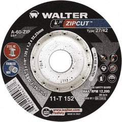 WALTER Surface Technologies - 60 Grit, 4-1/2" Wheel Diam, 3/64" Wheel Thickness, 7/8" Arbor Hole, Type 27 Depressed Center Wheel - Aluminum Oxide, Resinoid Bond, 13,300 Max RPM, Compatible with Angle Grinder - Apex Tool & Supply