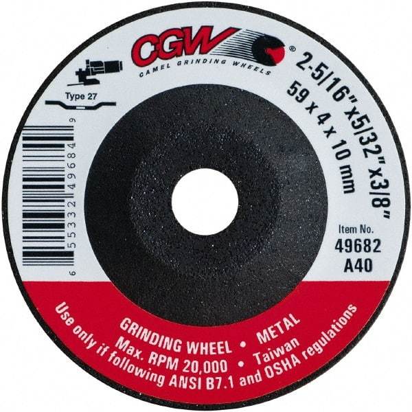 Camel Grinding Wheels - 40 Grit, 2-5/16" Wheel Diam, 5/32" Wheel Thickness, 3/8" Arbor Hole, Type 27 Depressed Center Wheel - Medium Grade, Aluminum Oxide, Resinoid Bond, 20,000 Max RPM - Apex Tool & Supply