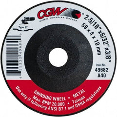 Camel Grinding Wheels - 40 Grit, 2-5/16" Wheel Diam, 5/32" Wheel Thickness, 3/8" Arbor Hole, Type 27 Depressed Center Wheel - Medium Grade, Aluminum Oxide, Resinoid Bond, 20,000 Max RPM - Apex Tool & Supply