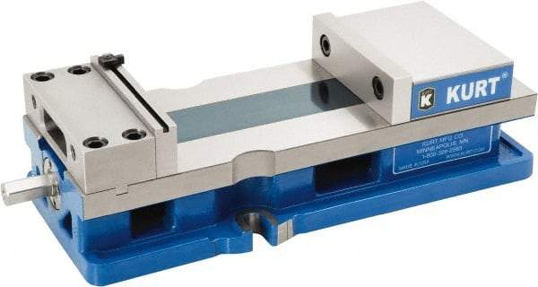 Kurt - 6" Jaw Width, 9" Jaw Opening Capacity, Horizontal Stationary Machine Vise - Reverse Manual Operation, 1 Station, 18.385" Long x 4.86" High x 1-47/64" Deep, 1.735" Jaw Height, 12,600 Lb Max Clamp Force, Ductile Iron - Apex Tool & Supply