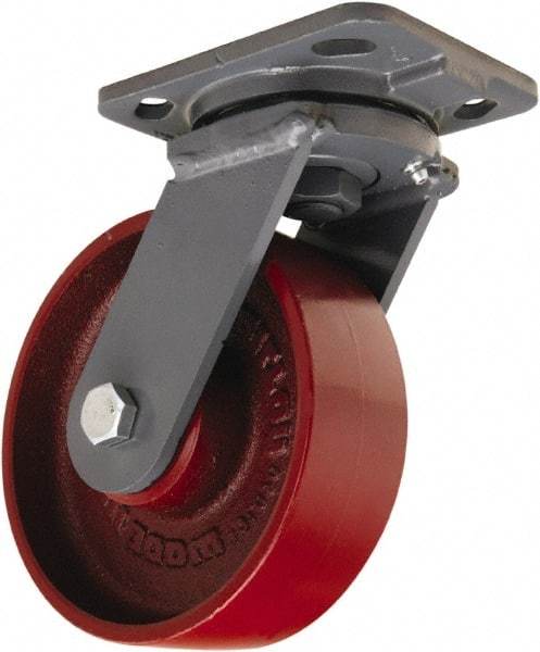 Hamilton - 6" Diam x 2" Wide x 7-1/2" OAH Top Plate Mount Swivel Caster - Cast Iron, 1,400 Lb Capacity, Sealed Precision Ball Bearing, 4 x 5" Plate - Apex Tool & Supply