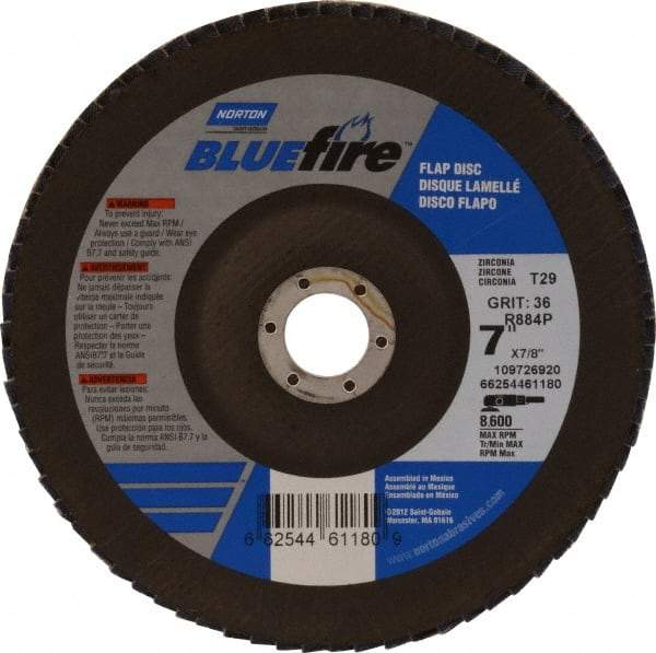 Norton - 36 Grit, 7" Disc Diam, 7/8" Center Hole, Type 29 Zirconia Alumina Flap Disc - 8,600 Max RPM, Cloth Backing, Arbor Attaching System, Coated - Apex Tool & Supply