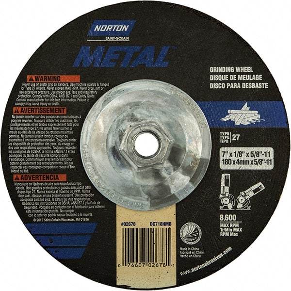 Norton - 24 Grit, 7" Wheel Diam, 1/8" Wheel Thickness, Type 27 Depressed Center Wheel - Extra Coarse Grade, Aluminum Oxide, 8,600 Max RPM, Compatible with Angle Grinder - Apex Tool & Supply