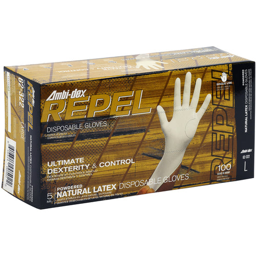 ‎62-322/XL Disposable Gloves - Ambi-Dex Repel Disposable Latex - 5 Mil Natural - Powdered - Text Grip - Exact Industrial Supply
