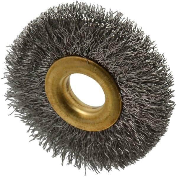 Value Collection - 2" OD, 1/2" Arbor Hole, Crimped Stainless Steel Wheel Brush - 5/16" Face Width, 1/2" Trim Length, 0.007" Filament Diam, 15,000 RPM - Apex Tool & Supply