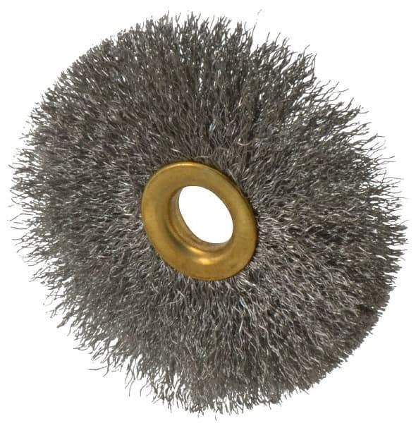 Value Collection - 3" OD, 1/2" Arbor Hole, Crimped Stainless Steel Wheel Brush - 3/8" Face Width, 1" Trim Length, 0.007" Filament Diam, 15,000 RPM - Apex Tool & Supply