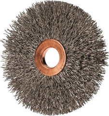 Value Collection - 3" OD, 1/2" Arbor Hole, Crimped Stainless Steel Wheel Brush - 3/8" Face Width, 1" Trim Length, 0.012" Filament Diam, 15,000 RPM - Apex Tool & Supply