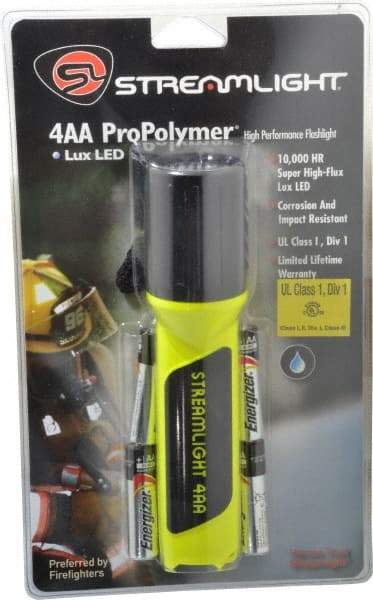 Streamlight - White LED Bulb, 100 Lumens, Industrial/Tactical Flashlight - Yellow Plastic Body, 4 AA Alkaline Batteries Included - Apex Tool & Supply