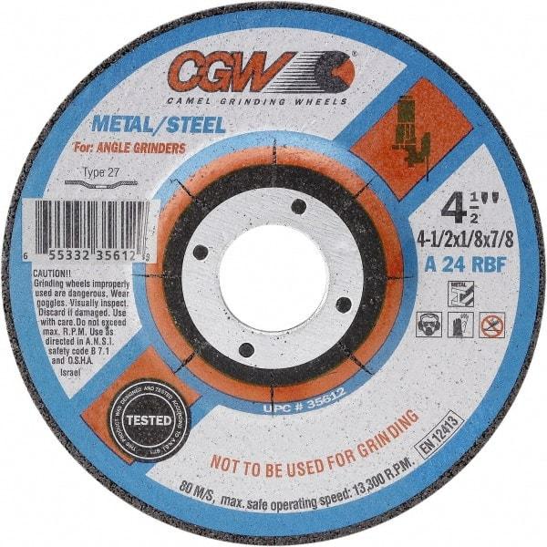 Camel Grinding Wheels - 24 Grit, 9" Wheel Diam, 1/8" Wheel Thickness, 7/8" Arbor Hole, Type 27 Depressed Center Wheel - Coarse Grade, Aluminum Oxide, Resinoid Bond, 6,650 Max RPM - Apex Tool & Supply