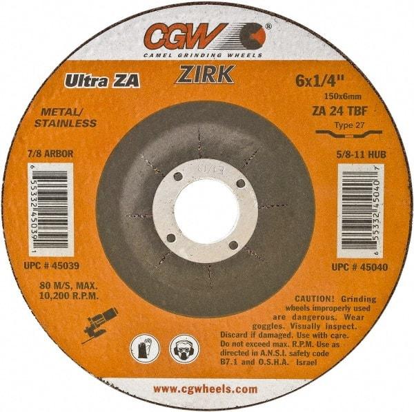 Camel Grinding Wheels - 24 Grit, 6" Wheel Diam, 1/4" Wheel Thickness, Type 27 Depressed Center Wheel - Coarse Grade, Zirconia Alumina, Resinoid Bond, 10,200 Max RPM - Apex Tool & Supply