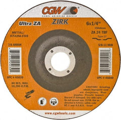 Camel Grinding Wheels - 24 Grit, 6" Wheel Diam, 1/4" Wheel Thickness, Type 27 Depressed Center Wheel - Coarse Grade, Zirconia Alumina, Resinoid Bond, 10,200 Max RPM - Apex Tool & Supply